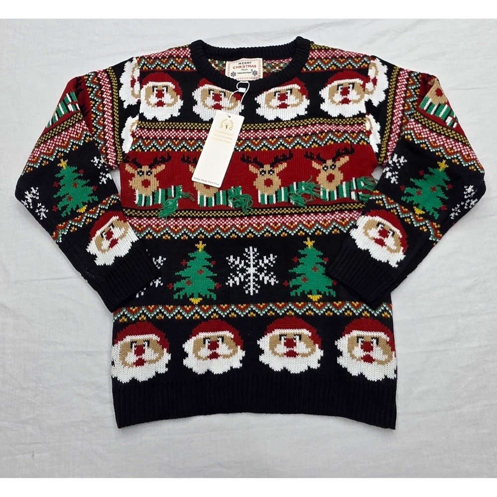 Daisys Boutique Santa Reindeer Ugly Christmas Sweater Black Red Mens Medium‎ NWT